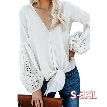 

Solid Red/White/Yellow Rhapsody Cotton Balloon Long Sleeve Tie Top Women Autumn Spring V Neck Plus Size S-XXL Blouse 2020