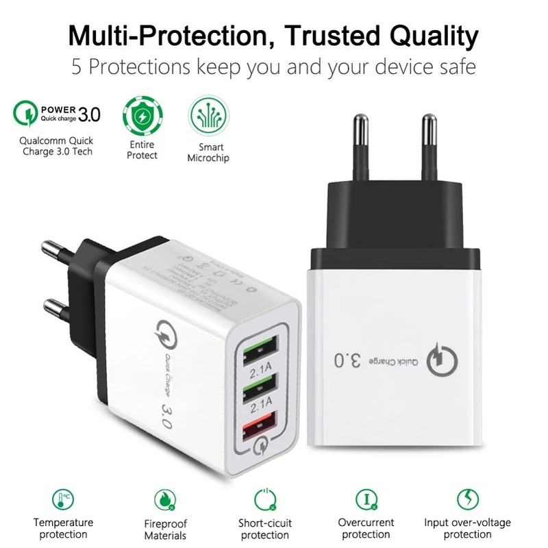 

3 Ports QC 3.0 USB Charger 18W Quick Charger For Samsung Huawei Xiaomi IOS android Fast Charging QC3.0 EU Plug with USB cable