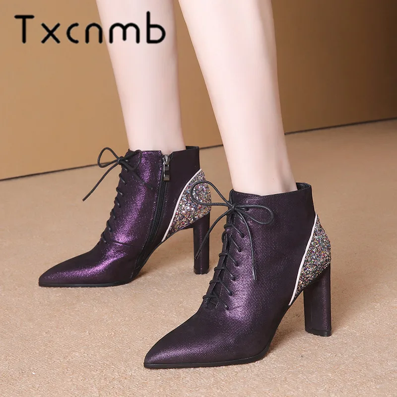 

TXCNMB Genuine Leather Women Boots Pointed Toe Zippers Shoes Autumn Winter Boots Short Ladies Western Ankle Boots for Women