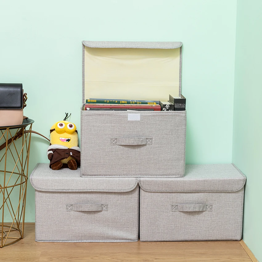 Washable Cotton Linen Fabric Folding CD Storage Box Foldable Bins Toys Organizer With Lid Storage Basket Laundry Basket 3