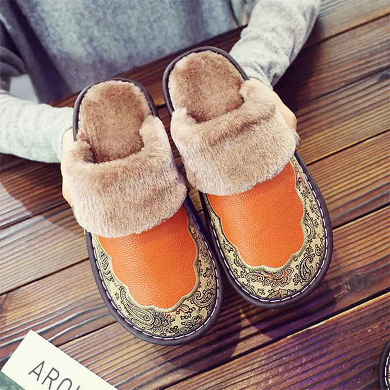 Women Luxury Slippers Embroidery Shoes Warm Short Plush Female PU Leather Winter Soft Indoor Flats Ladies Footwear Bedroom New