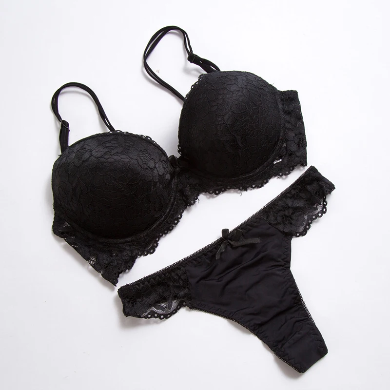 Plus Size Bras Briefs For Women Push Up Sexy Lace Bra C D Cup Lingerie Set Brassiere G String Underwire Female Underwear - Цвет: black