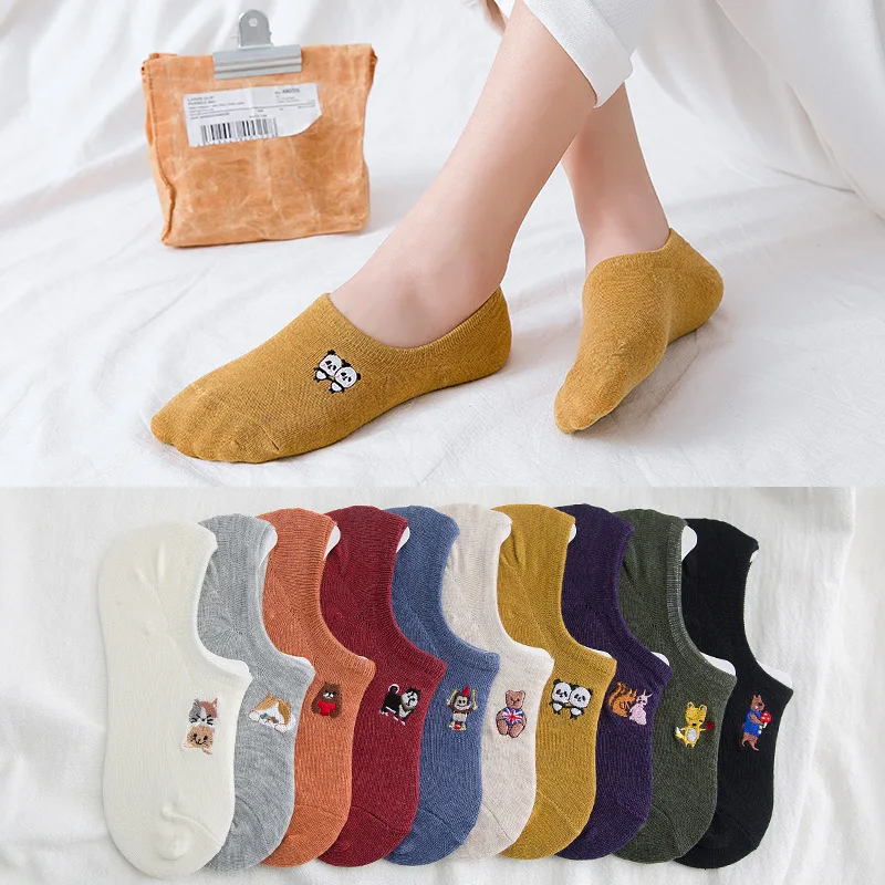 Spring And Summer New Style WOMEN'S Invisible Socks Cotton Cartoon Embroidered Low-Cut Casual No-show Socks Women's Candy-Colore