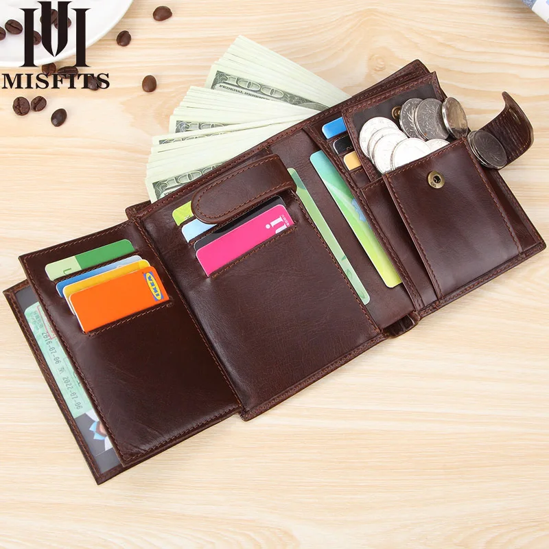 

MISFITS 2020 Cow Leather Men Wallets Card Holder Photo Holder Large Capacity Retro Short Hasp Bifold Wallet Money and Cards