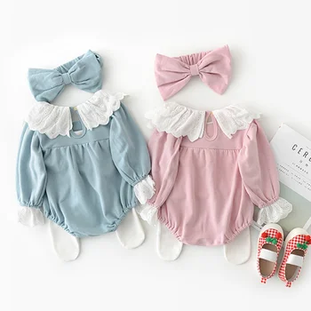 

0-24M Baby Newborn Round Collar Long Sleeve Solid Color Infant Girls Jumpsuit Climb Soft Romper+Hairband Two-piece Set