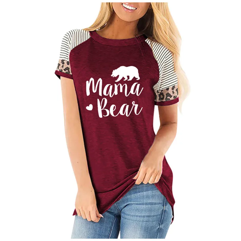 Mama Bear Футболка с принтом женская с круглым вырезом реглан леопардовая клетчатая футболка с коротким рукавом Harajuku Винтажная футболка одежда для женщин