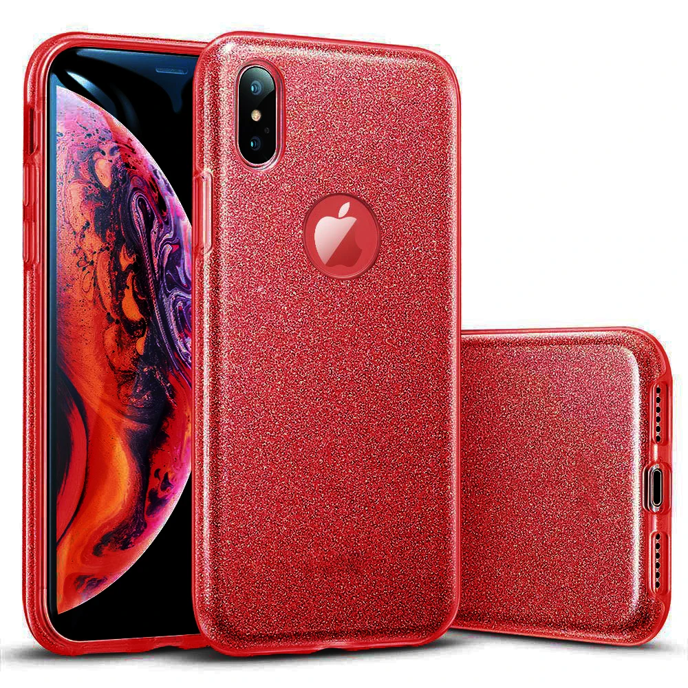 Противоударное 3 слоя чехол для iphone XS 11 Pro MAX XR X 10 6, 6 S, 7, 8plus, 5S 5 se чехол из поликарбоната+ ТПУ+ Блеск Блестящий Мягкий чехол - Цвет: Red