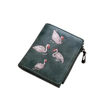 

Embroidery Flamingo Design Women's Card Wallets Zipper Coin Pocket Short Bifold Fashion Purses Lady Women Wallet Slim