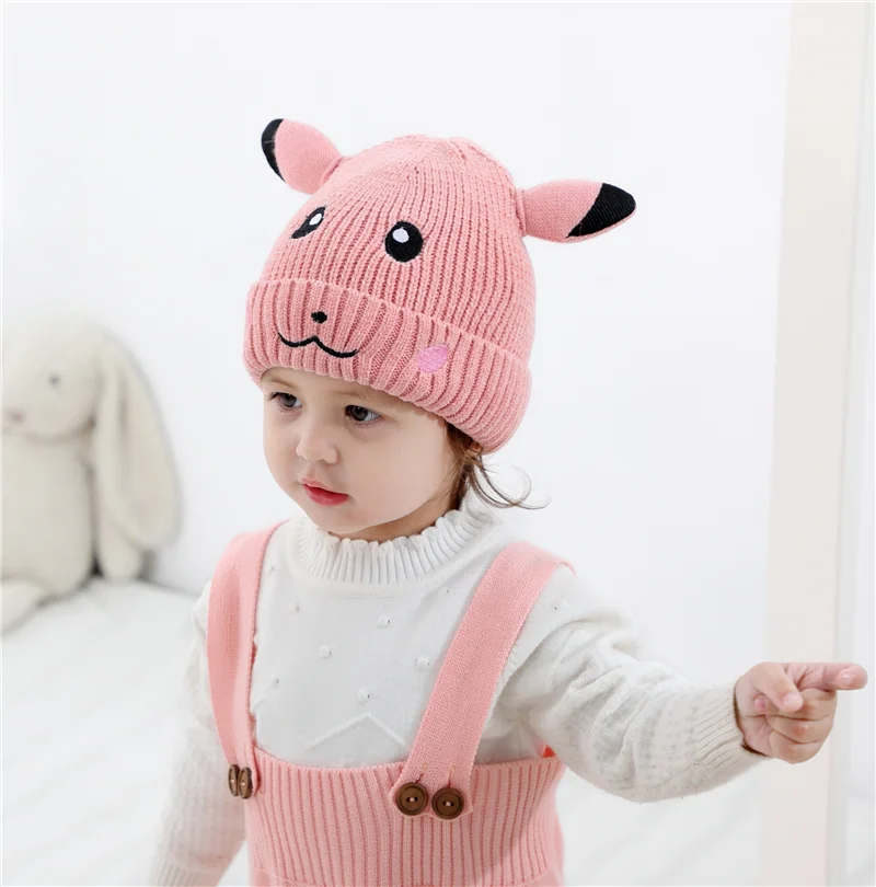 Вязаная Зимняя шапочка для детей 1-5 лет, Шапочка-бини с мультяшным рисунком, одноцветная шапка унисекс