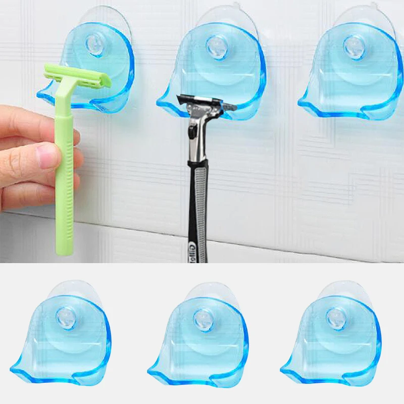 

1piece Transparent Blue Plastic Storage Rack New Super Suction Cup Razor Holder Multi-function Bathroom Razor Holder
