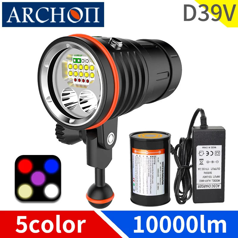 

D39V 10000lumen diving light flashlight UV warm white red blue diving video light Underwater 100m diving photography fill lights