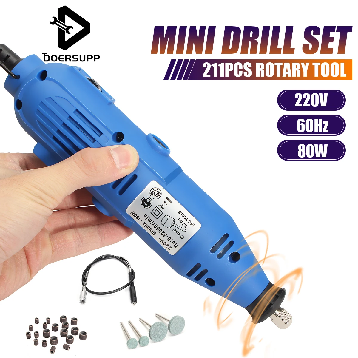 

DOERSUPP 211Pcs Electric Dill Polisher Engraver Rotary Drill Grinder Sander Polisher DIY Craft Tool Set Power Tools Machine