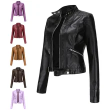 2021 new leather women's short coat spring and autumn stand collar women's leather jacket cross border women's thin leather coat