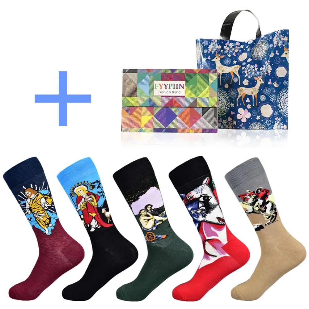 Армейский зеленый Happy Socks, ограниченная серия, повседневные, новинка, мужские забавные носки, подарочный набор, серия масляной живописи, чёсаный хлопок, новинка, мужские, 5 пар - Цвет: Армейский зеленый