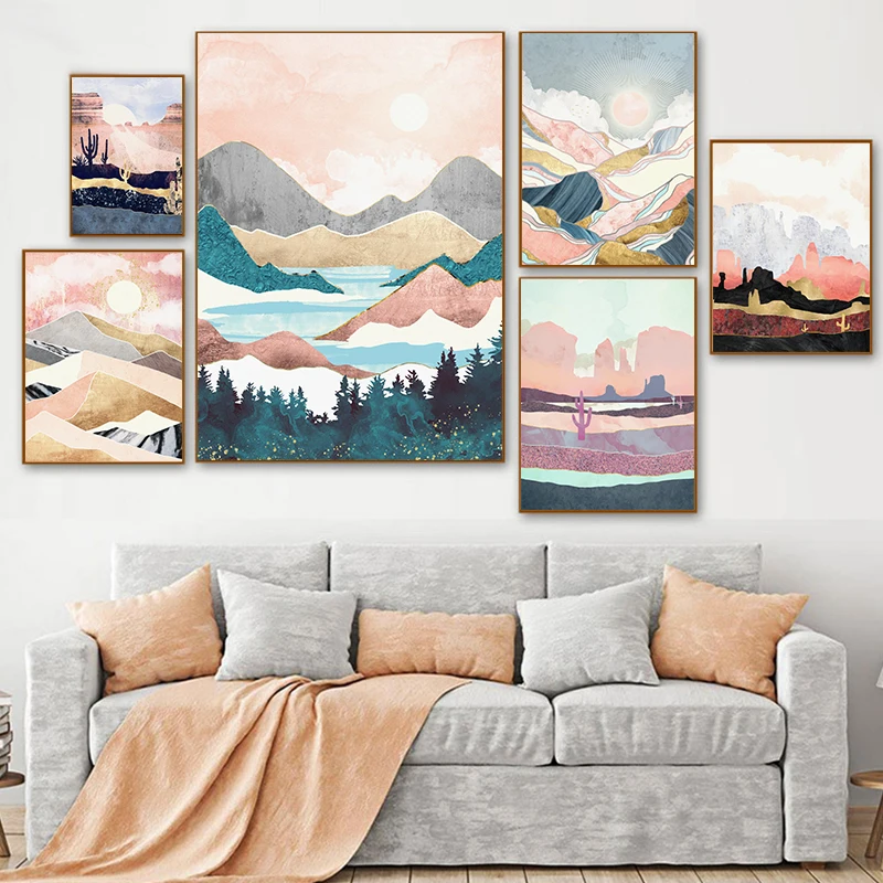 Nature Nordic Style Abstract Blush Pink Landscape Canvas Painting