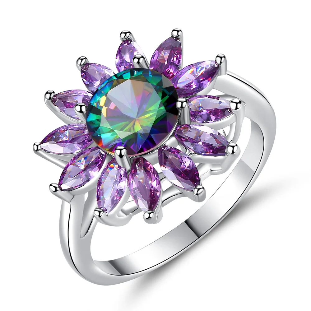 925 Серебряное кольцо, Подсолнух, циркониевое кольцо, фиолетовый цвет, пара драгоценных камней, кольцо для женщин, подарок на свадьбу