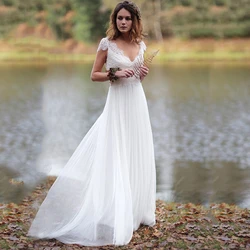 Summer Boho Wedding Dresses Beach V Neckline Cap Sleeves Chiffon  Gowns 2023 Plus Size Bridal  Vestido de Novia
