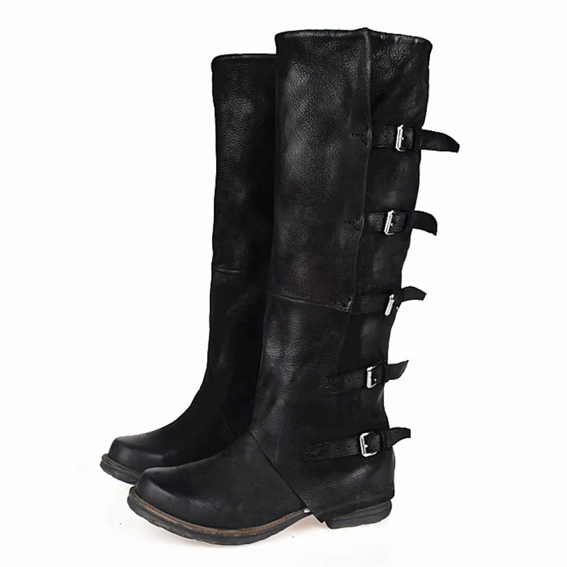 Stylesowner Original Brand Top Sale Sheepskin Square Toe Woman Boots Do The Old Buckle Strap Look Thin Knee-high Boots Retro
