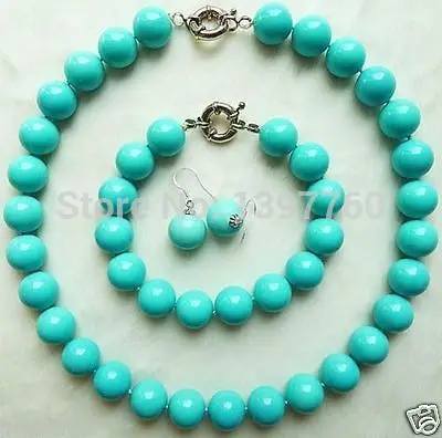 

DYY Miss charm Jew.101 Genuine 14mm Turquoise Blue South Sea Shell Pearl Necklace Bracelet Earring Set () (A0423)