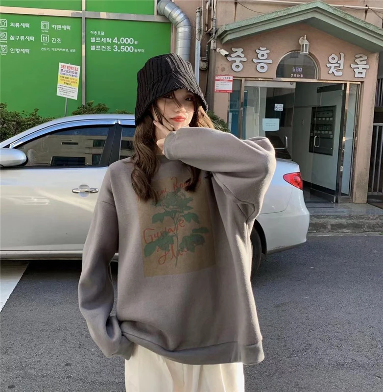 2 colors 209 autumn winter korean style vintage pattern print pullovers thick warm sweatshirt womens(cx1016