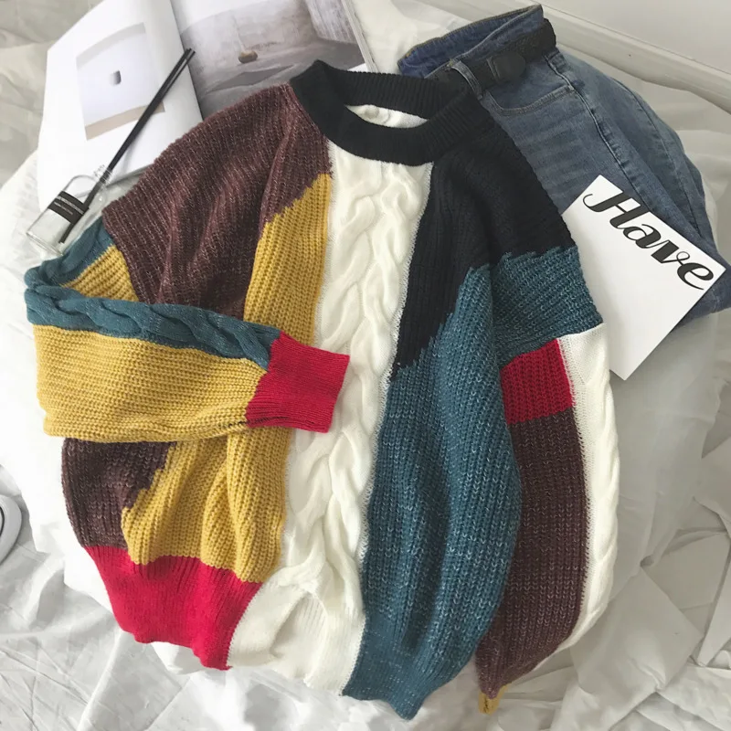 

Winter New Sweater Men Warm Fashion Contrast Color Casual O-neck Knit Pullover Man Loose Long-sleeved Sweater Male Clothes