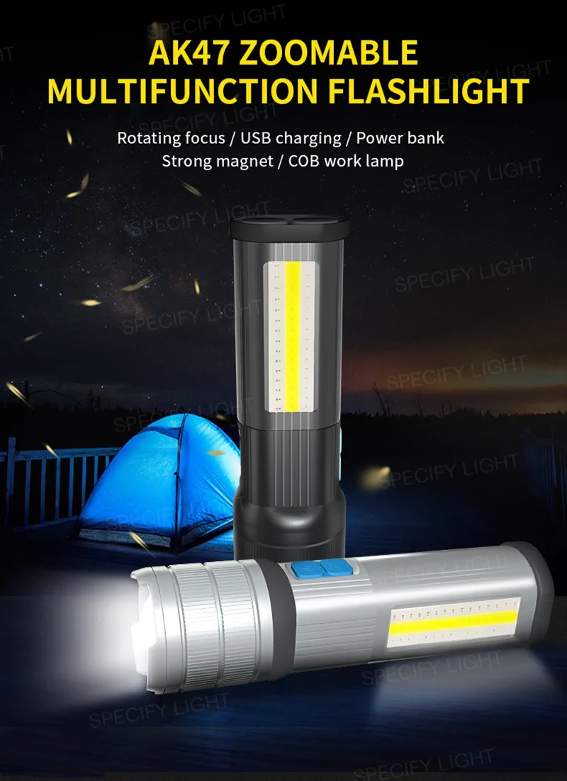 High Bright COB Flashlight Zoomable Multifunction Waterproof Lamp Focus USB Charging Power Bank 7 Switch Mode with Strong Magnet (7)