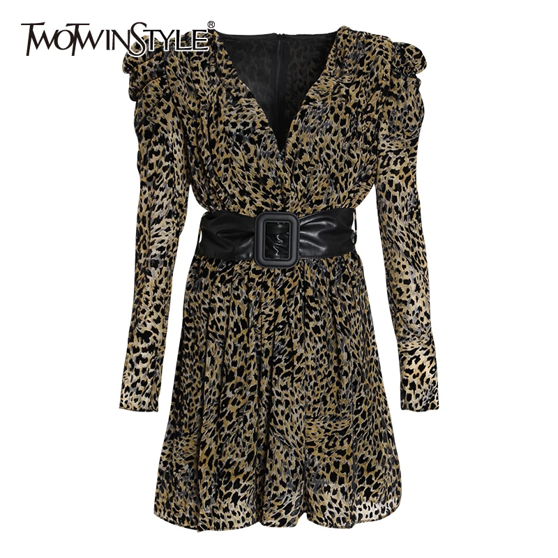 

TWOTWINSTYLE Leopard Dress For Women V Neck Long Sleeves High Waist With Sashes Female Dresses Autumn Fashion Clothing 2019 New