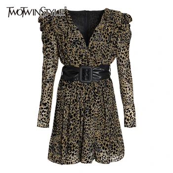 

TWOTWINSTYLE Leopard Dress For Women V Neck Long Sleeves High Waist With Sashes Female Dresses Autumn Fashion Clothing 2020 New