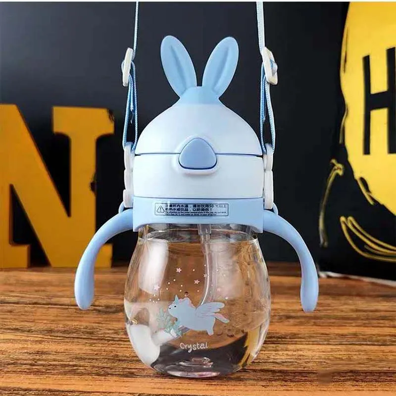 Blue DX Rabbit 320 мл Детская Бутылочка для воды, чашка для кормления детей, милый мультяшный принт, Тритан+ Безопасный ПП, Милая Детская кружка для воды с ручкой - Цвет: Blue DX Rabbit