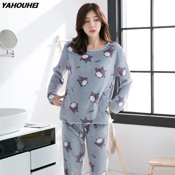 

2019 Autumn Winter Flannel Pajama Sets For Women Thick Warm Homewear Long Sleeve Pyjama Girls Cute Cartoon Totoro Sleepwear Suit