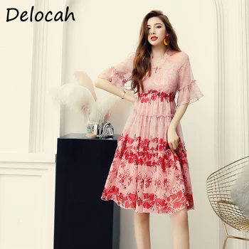 

Delocah Summer Women Fashion Designer Midi Dress Flare Sleeve Ruffles Floral Print High Waist Ladies Party A-Line Dresses 2020