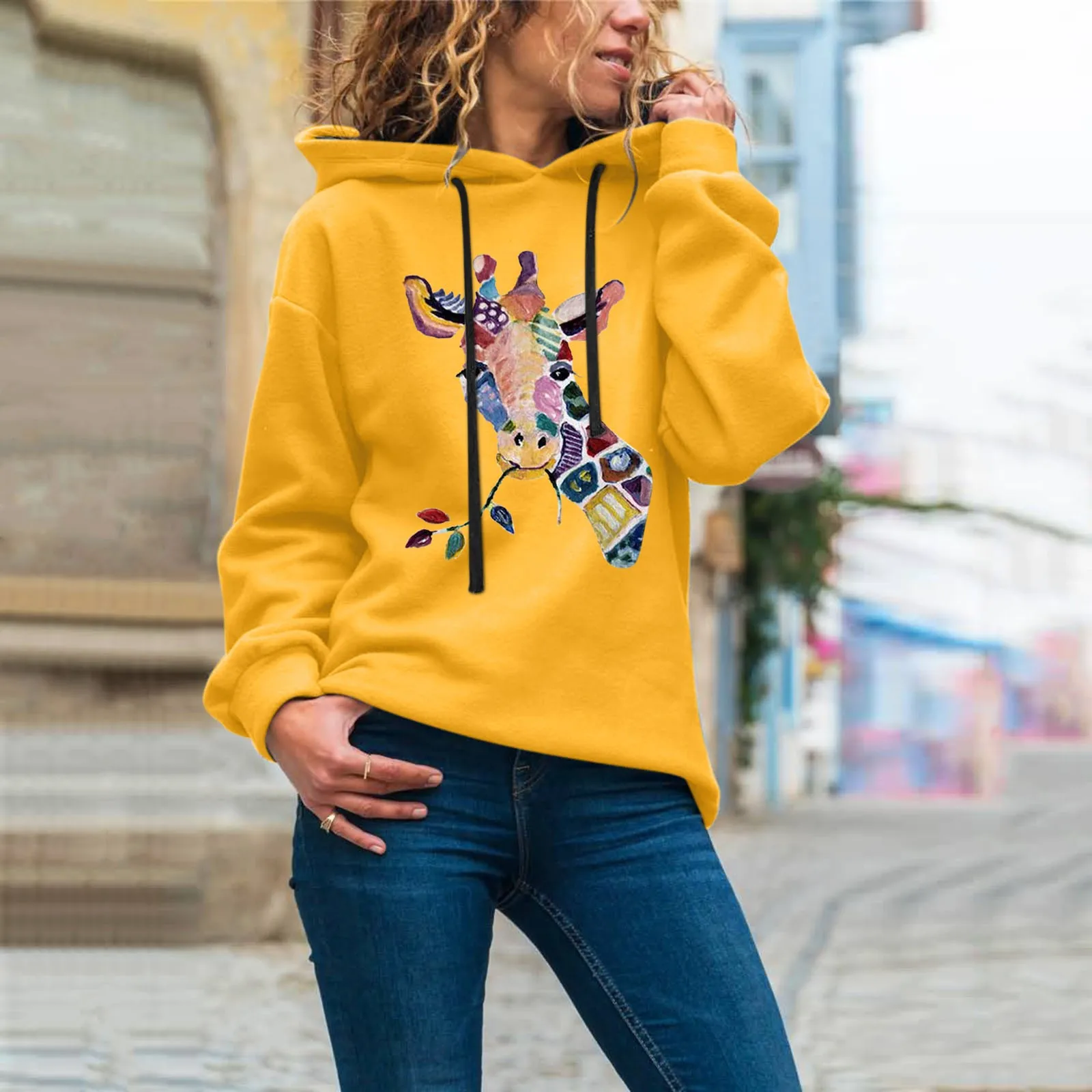 2021 신사복 캐주얼 블라우스 풀 슬리브 기린 프린트 스웨트 탑스 후드 풀오버 Comfy Daily Warm Blouse 무료 배송