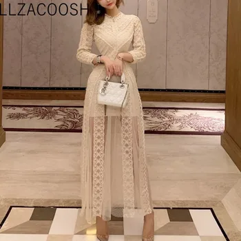 

Spring Autumn Women Vintage Lace Patchwork Mesh Dress Floral Embroidery Sexy Long Maxi Holiday Party Dress Vestidos Robe Femme