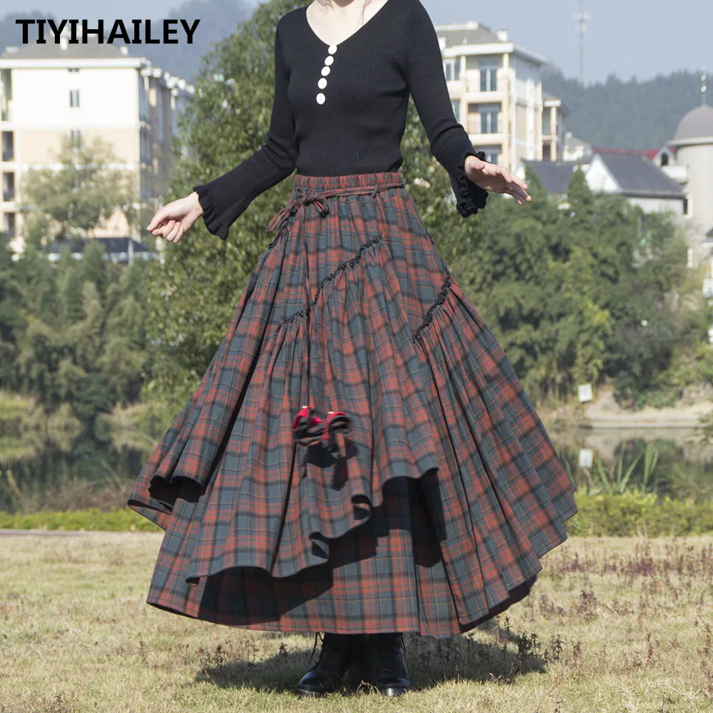 Женская длинная клетчатая юбка TIYIHAILEY хлопковая Асимметричная трапециевидная с