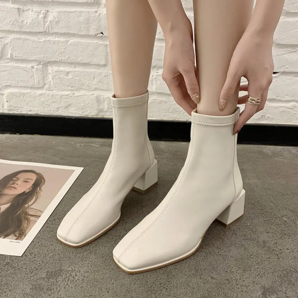 EOEODOIT-Botas de piel para mujer, botines hasta la pantorrilla de 5 CM, tacones medios con punta cuadrada, estilo inglés, Otoño e Invierno