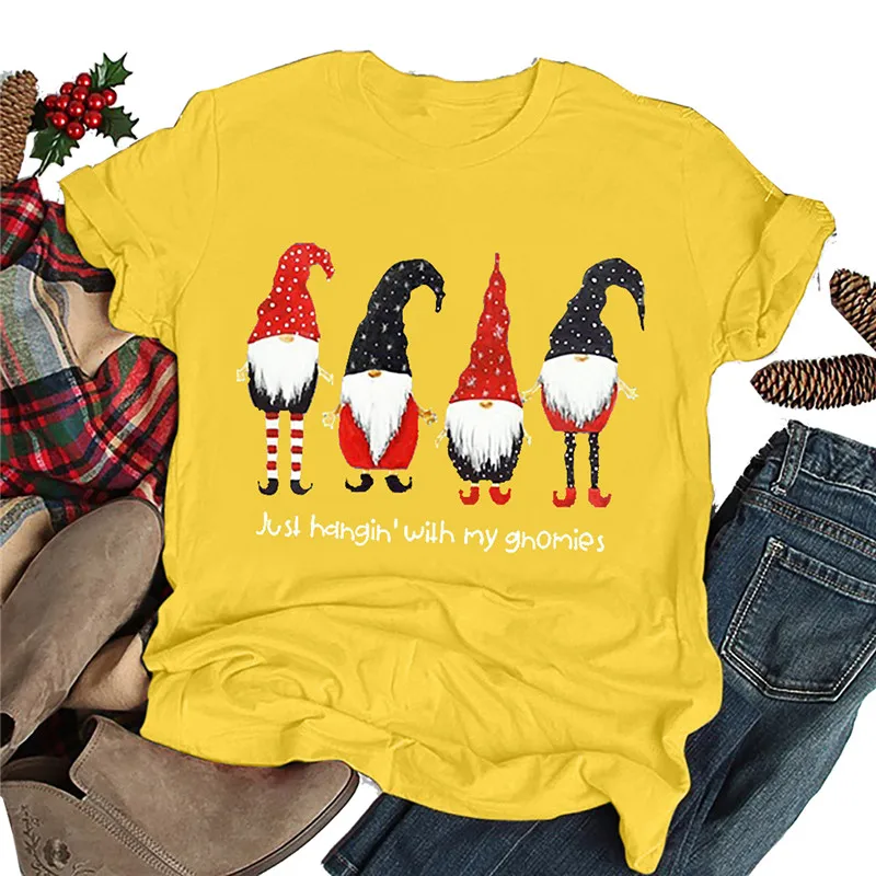 Женская рождественская футболка с надписью «Just Hahgin' With My Gnomies», милая графическая футболка с Санта-Клаусом, винтажная Рождественская футболка в стиле Харадзюку - Цвет: Цвет: желтый