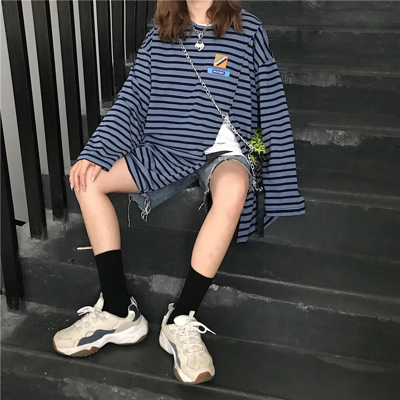 Осенняя модная футболка Harajuku в полоску с круглым вырезом, футболка с длинным рукавом, рубашки для влюбленных, хлопковая свободная повседневная одежда