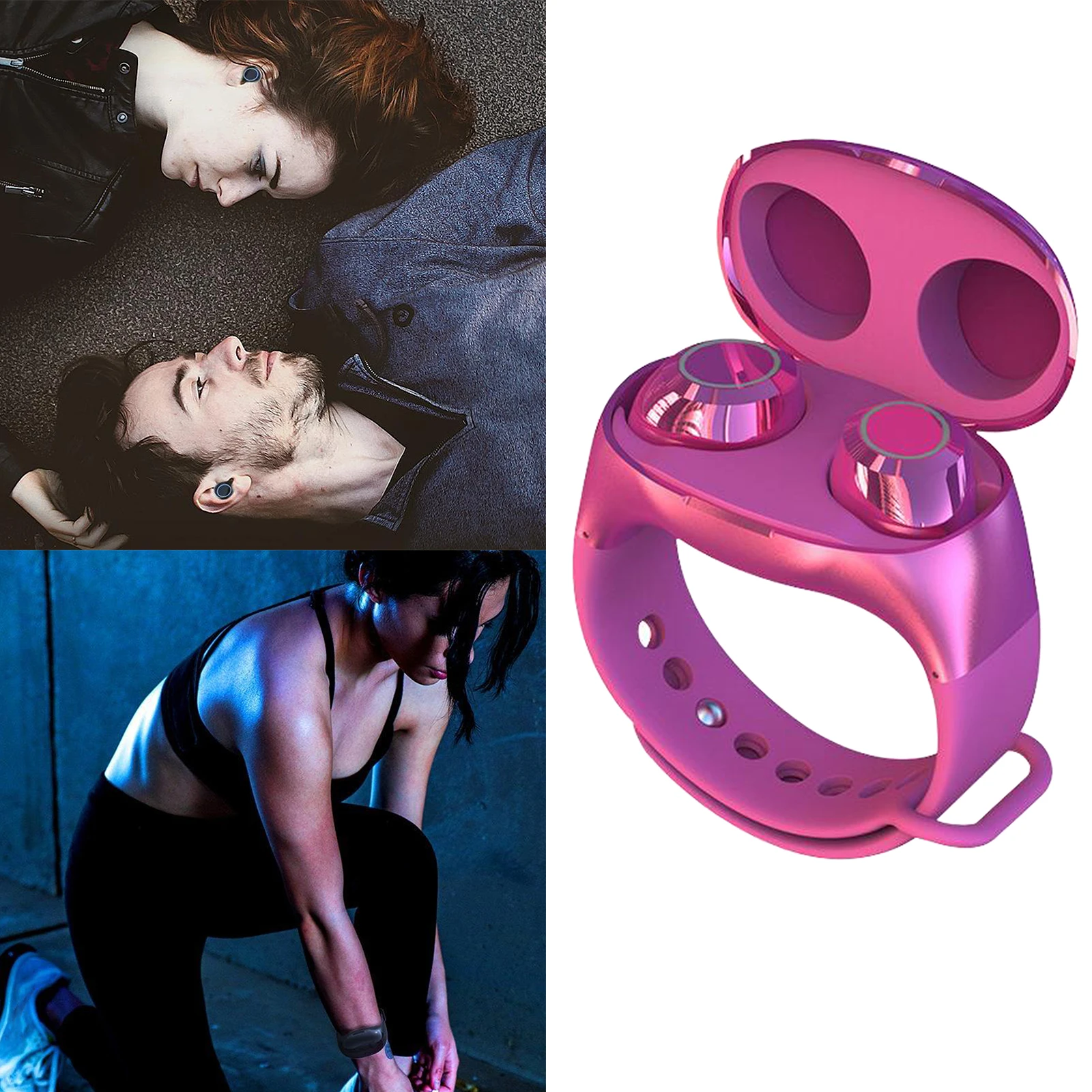 TWS 2 in 1 Bluetooth 5.0 Wireless Earphones Sport Handsfree Earbuds Headset with Smart Wristband Bracelet Style Charging Case