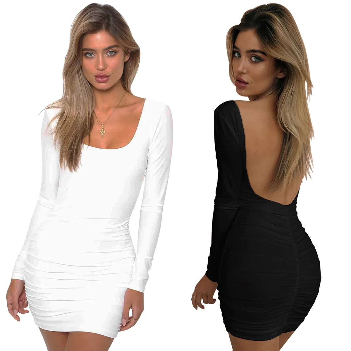 

Summer women's dress fashion black and white Long Sleeve sexy revealing backpack hip fold party dress designer new good