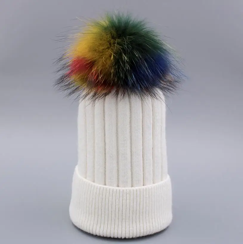 white multicolor YCFUR Повседневная Женская Шапка-бини с меховым помпоном большого размера для дам, шерстяные шапки-бини, женские шапки - Цвет: white multicolor