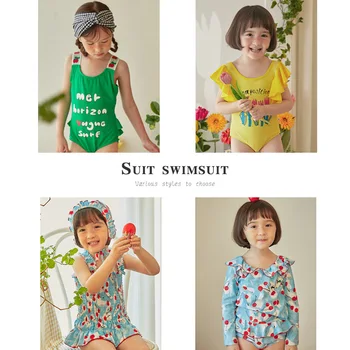 

Pre-sale Children's Swimwear Girl Korean Cute Skirt Swimsuit Summer 2020 LD Sweet Puff Sleeve One-piece Suit +Swimming Cap