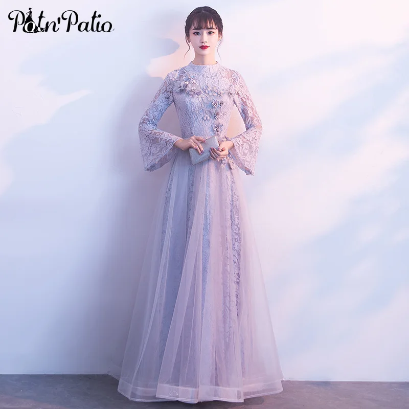 

Silver Gray Lace Long Evening Dresses For Women 2019 A-line Floor-length Modest Neck Evening Gowns With Long Sleeves
