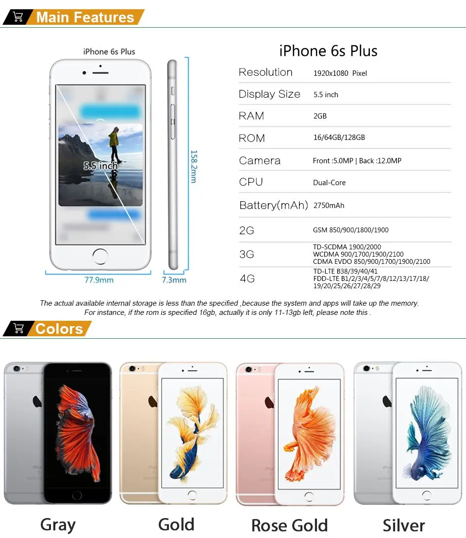 Unlocked Apple iPhone 6S Plus 6SP 5.5'' 12MP 2G RAM 16&32&64&128GB ROM Dual-Core Fingerprint 4G LTE Original Mobile Phone