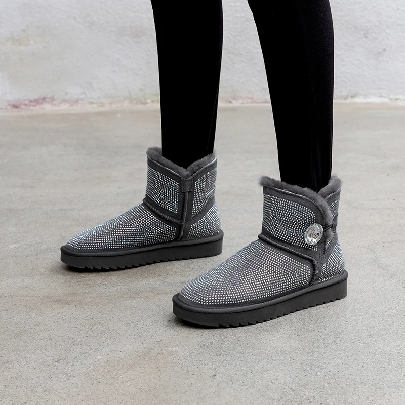 

Stylesowner Natural Wool Women Snow Boots Lady Warm Winter Boots Genuine Leather With Crystal Shining Snow Boots Flat Mid-calf