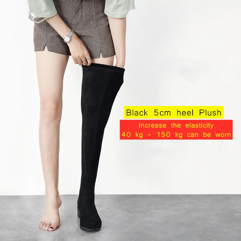 Black 5cm heel Plush CINESSD, размер 44, облегающие высокие сапоги для женщин, зимние сапоги выше колена, женские черные облегающие теплые сапоги, женские эластичные сапоги, Botas altas Mujer - Цвет: Black 5cm heel Plush
