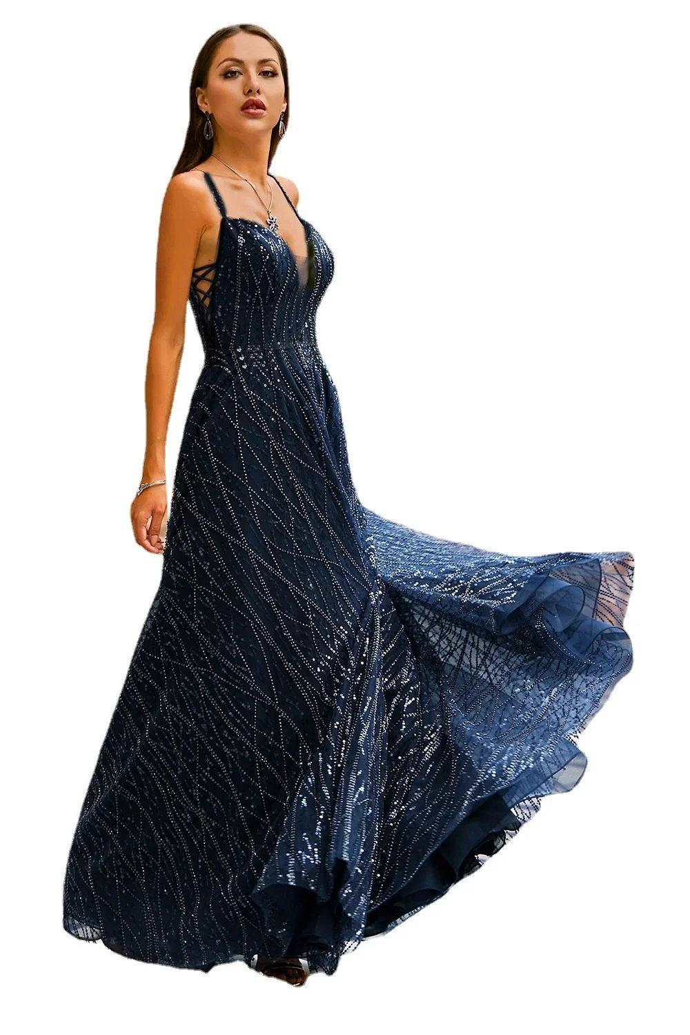 

Fashion Evening Prom Dress Party Night Straps Deep V Neck Backless Sexy Sequined Dress Tulle Chic Tunics Women Maxi Dress Summer