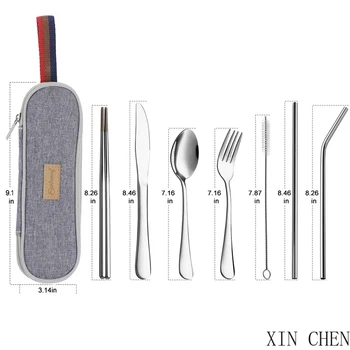 

7pcs Metal Straw Spoon Fork Chopsticks and Portable Case Dinnerware Set Camping Cutlery Set Travel Silverware Reusable Utensils