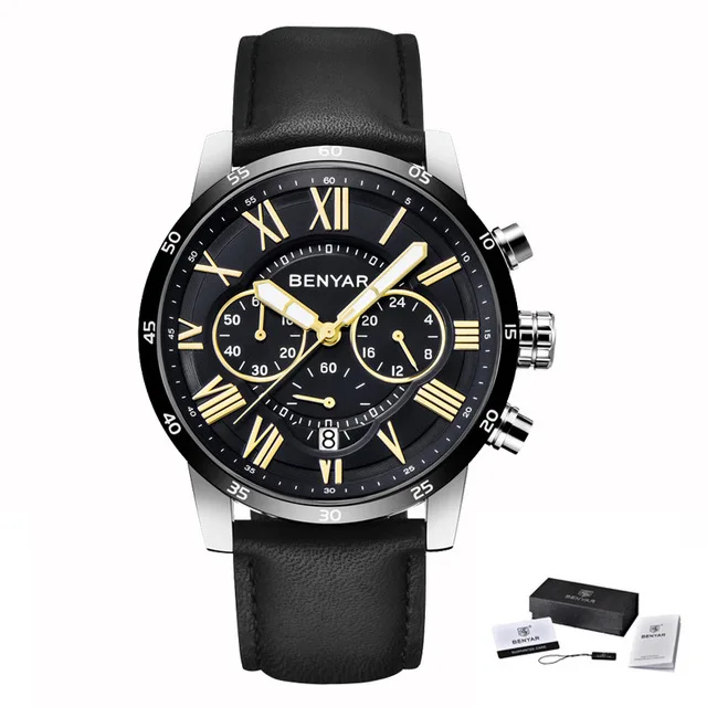 BENYAR mode chronographe Sport hommes montres Top marque de Lux ETANCHE militaire Quartz montre horloge Relogio Masculino - Цвет: black B