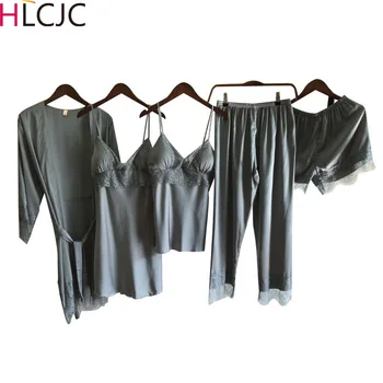 

Women 5 Pieces Robe Gown Set Lace Satin Faux Silk Sleepwear Pijama Solid Long Sleeve Ladies Sleep Nightwear Bathrobe Night Dress
