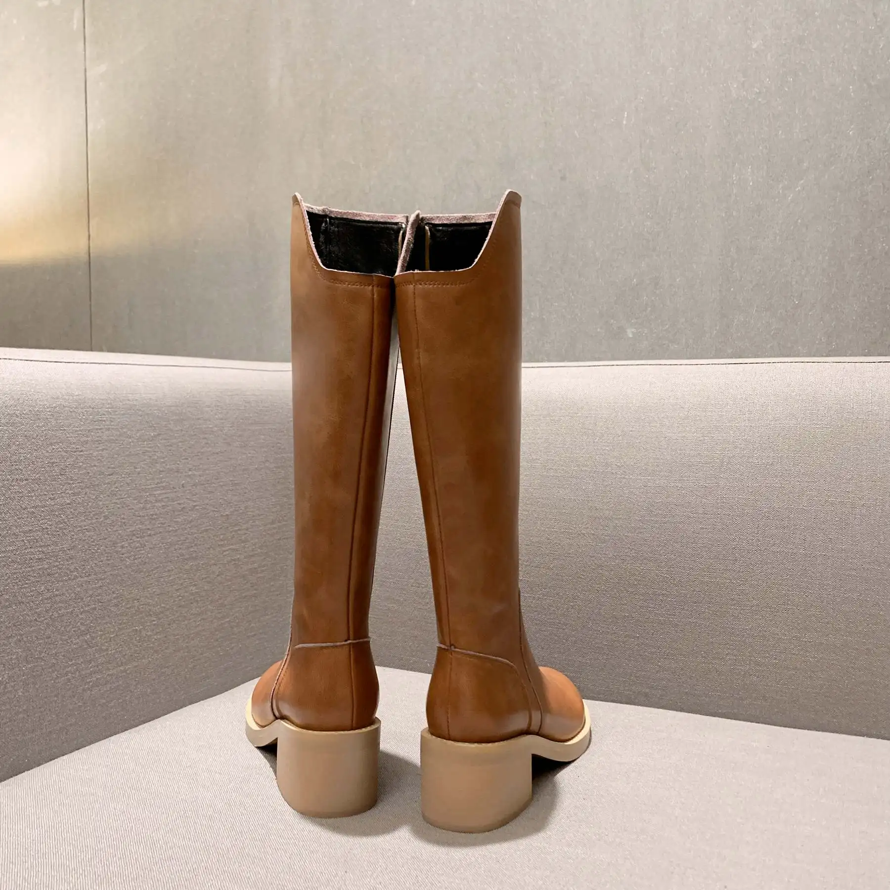 Bottes femme riding boots women's knight boots cow leather round toe thick high heels knee-high boots keep warm botas mujer